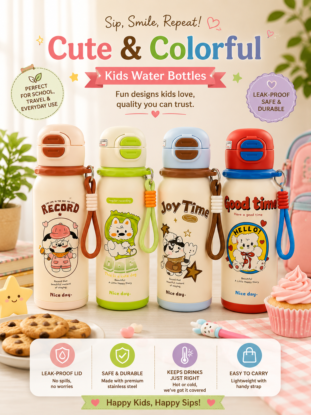 Kids Leak-Proof Stainless Steel Water Bottles