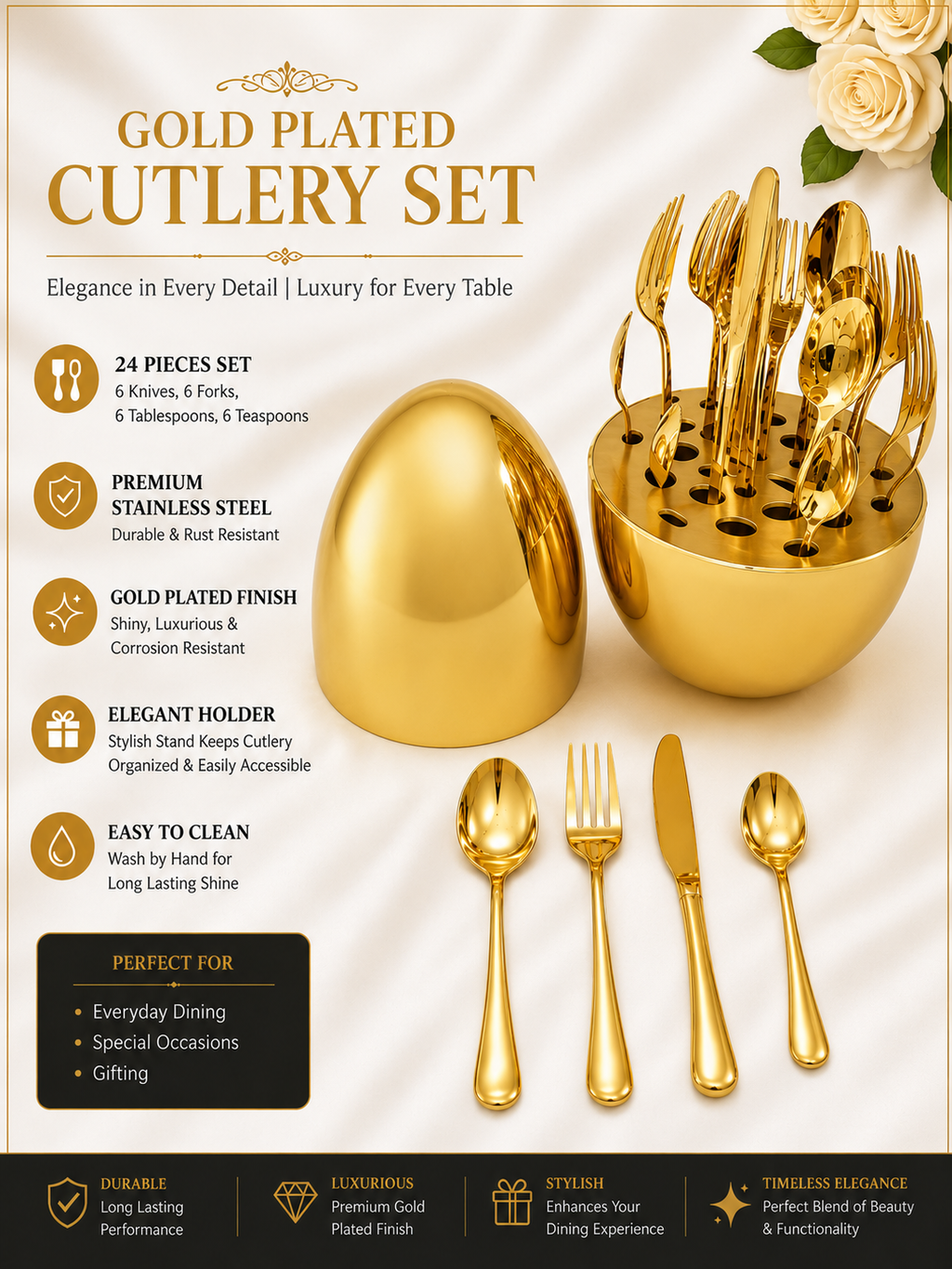 Premium Gold Plated Smooth Egg Cutlery Set – 24 Pieces
