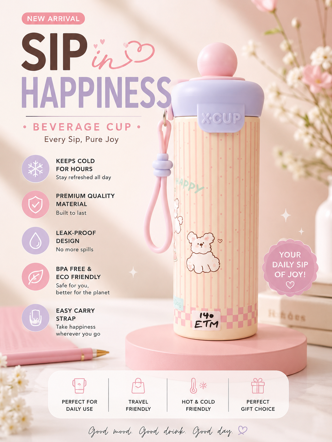 X-CUP Pink Insulated Beverage Cup with Carry Strap