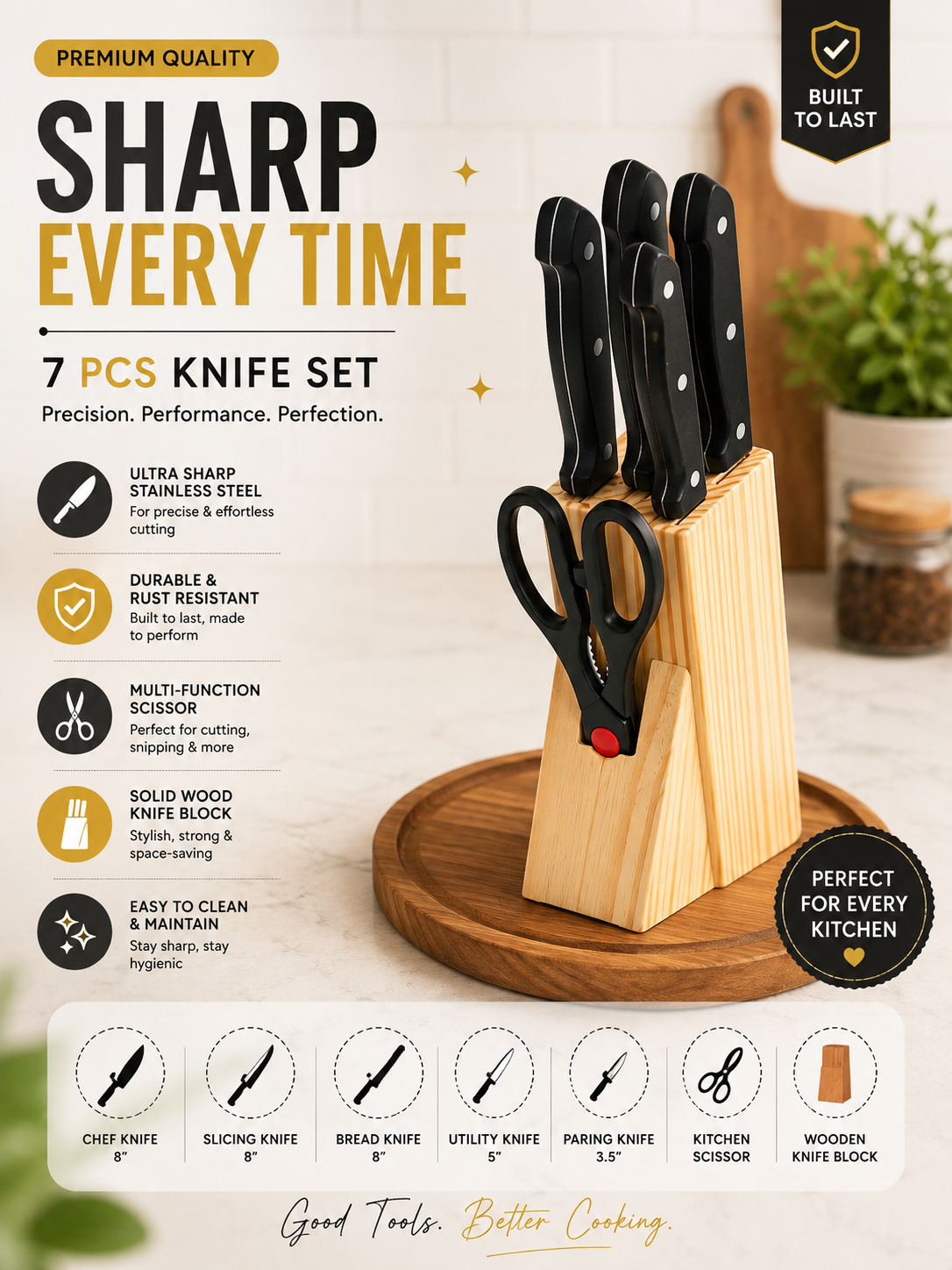 7-Piece Stainless Steel Kitchen Knife Set with Wooden Knife Block