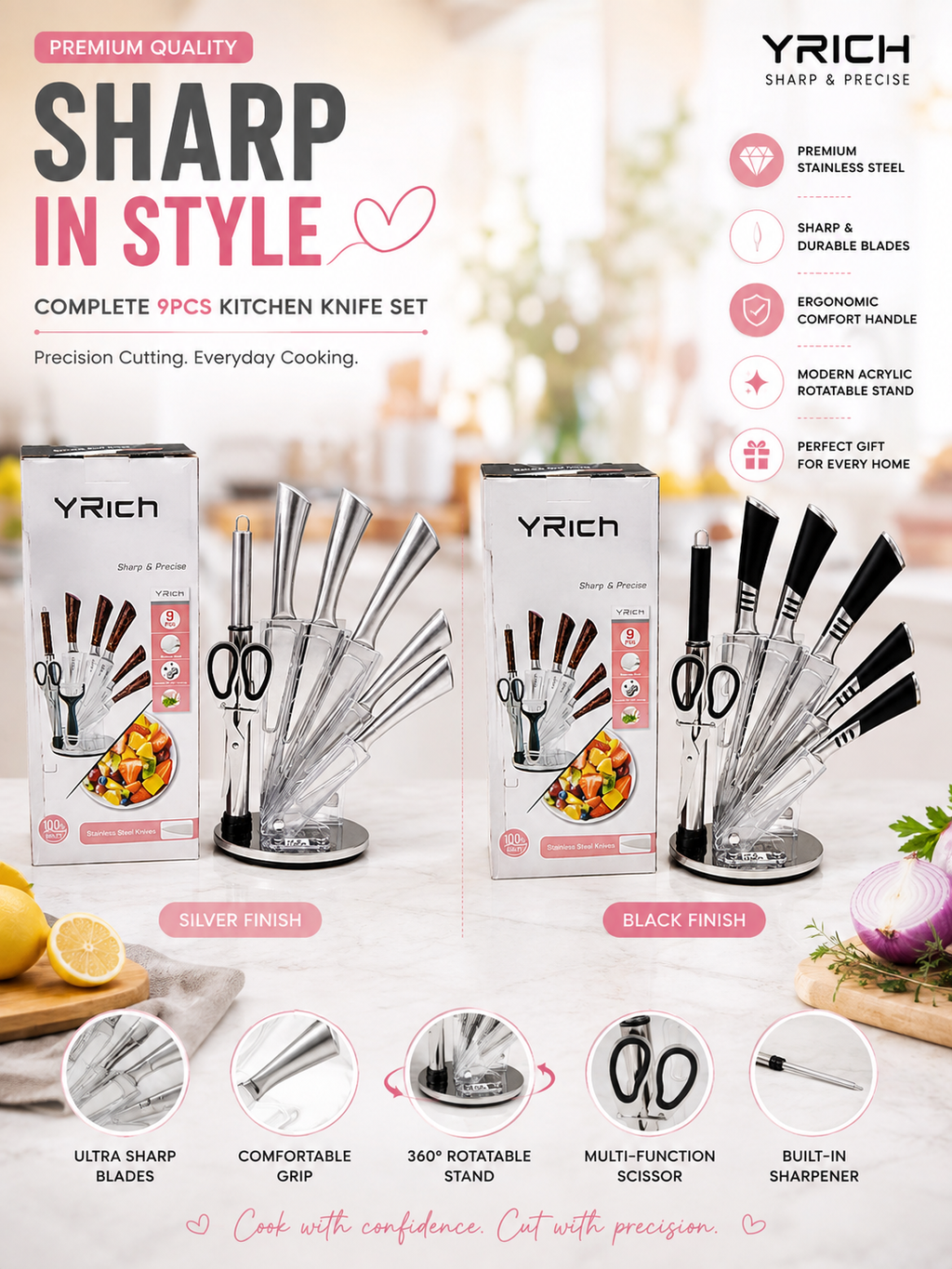 YRICH 9-Piece Stainless Steel Kitchen Knife Set with Rotatable Stand