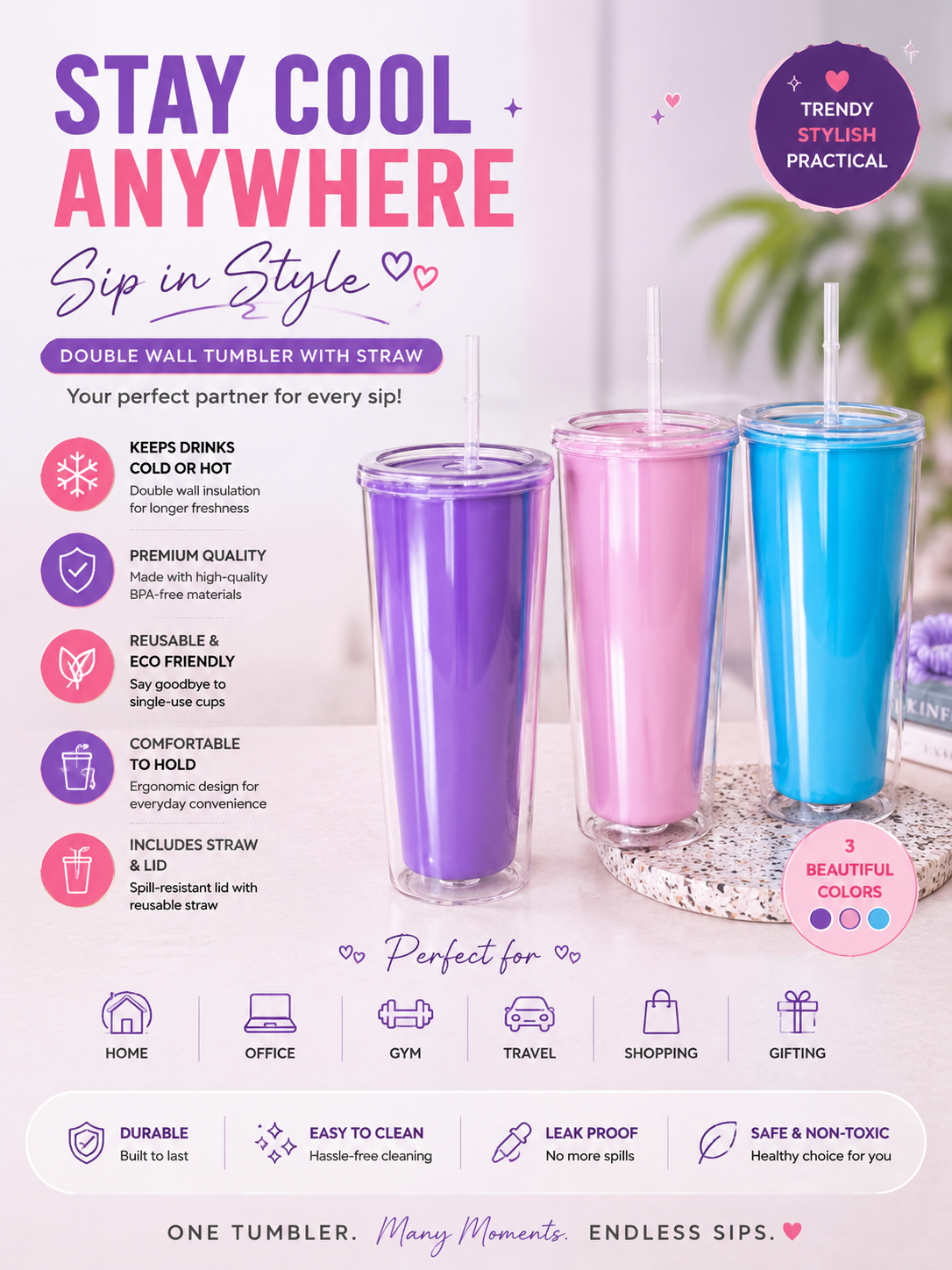 Double Wall Tumbler with Straw – Stylish Reusable Drink Cup
