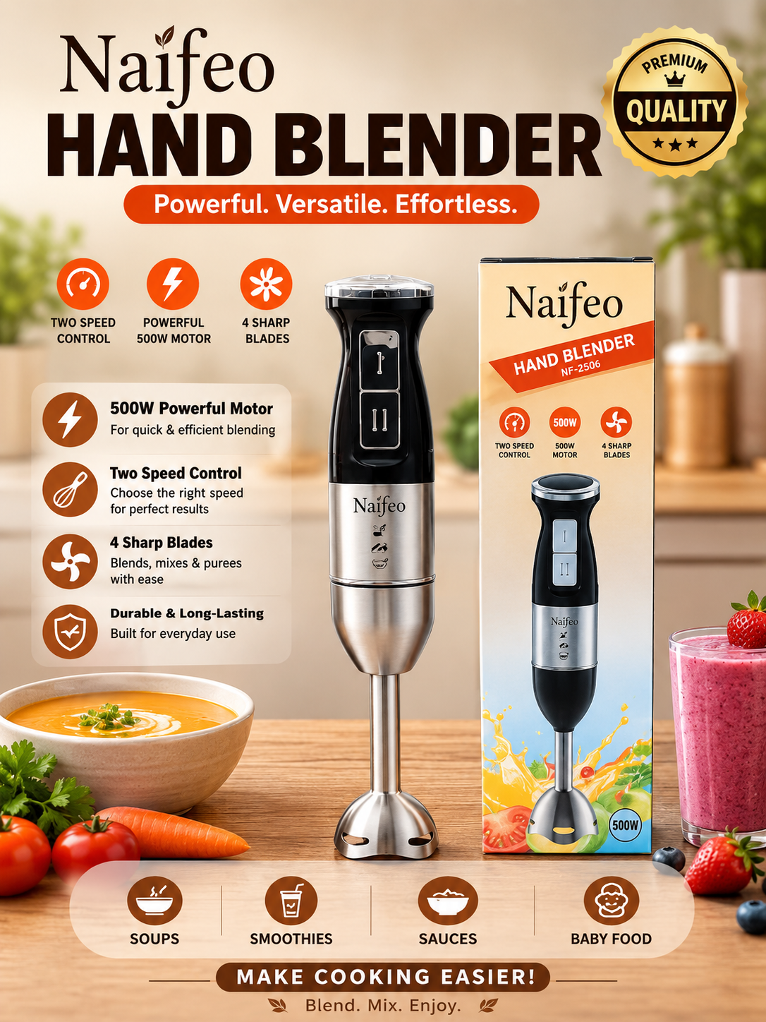 Naifeo 500W Hand Blender – 2-Speed Stainless Steel Immersion Blender