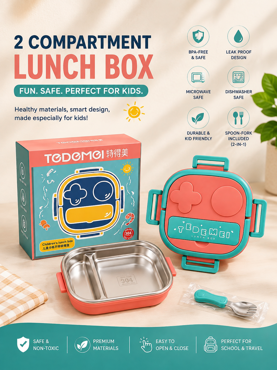 TODEMEI Stainless Steel Kids Lunch Box – Leak-Proof Food Container with Spoon & Fork