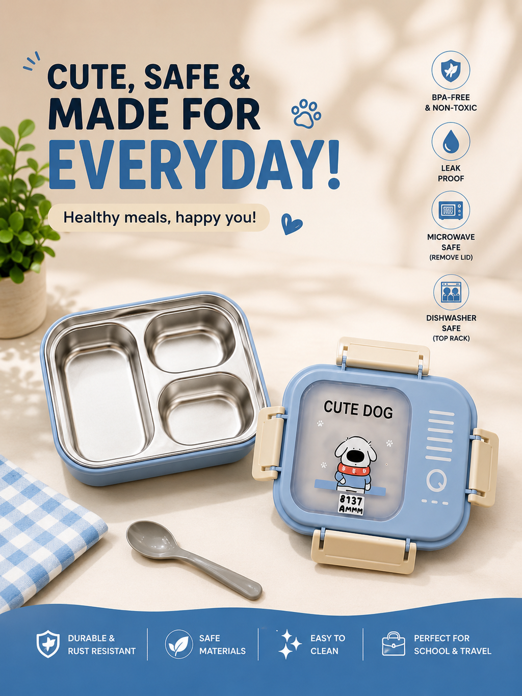 Cute Dog Stainless Steel 3 Compartment Lunch Box – Leak-Proof Kids Food Container