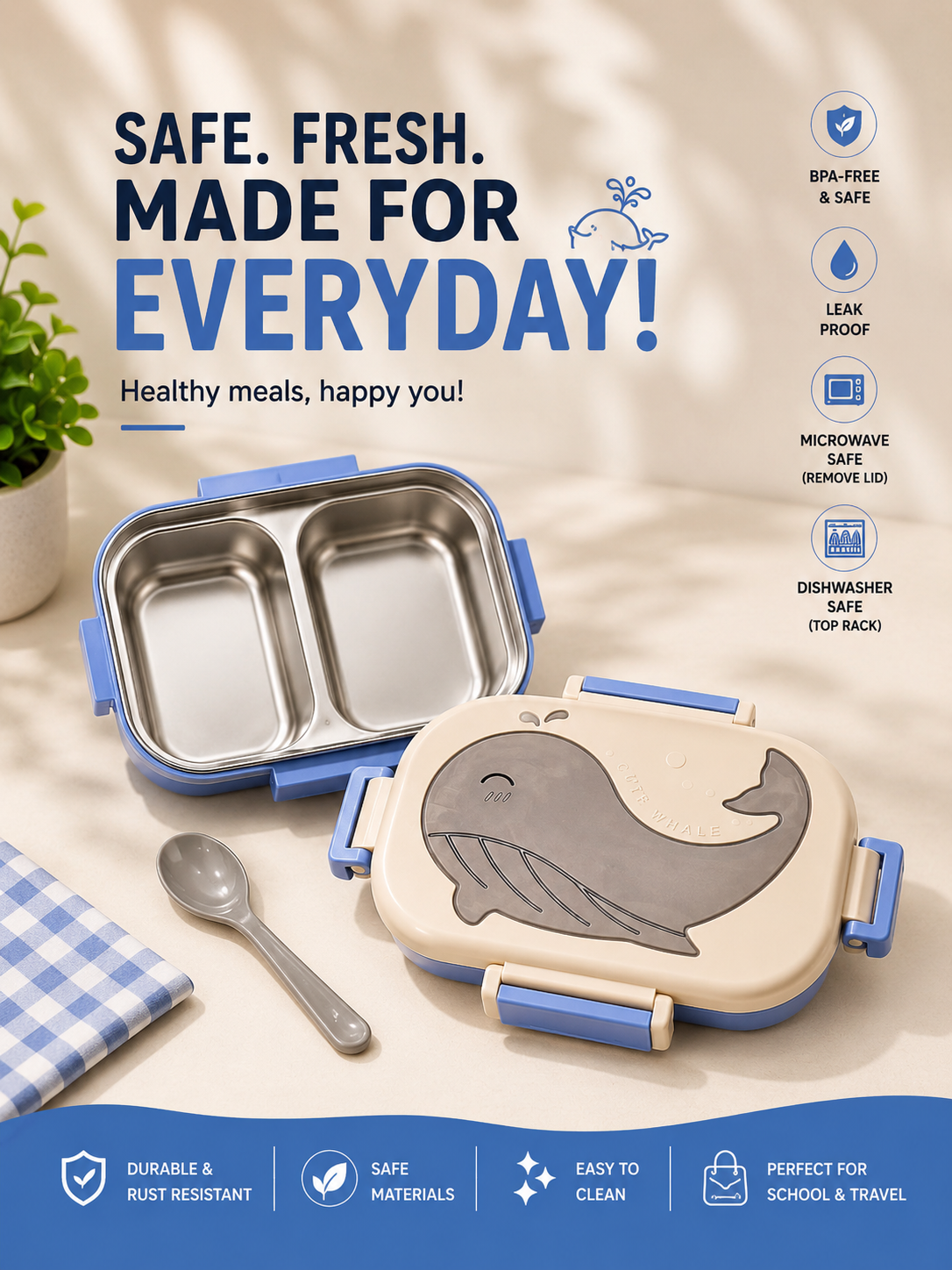 Cute Whale Stainless Steel Lunch Box – Leak-Proof Food Container