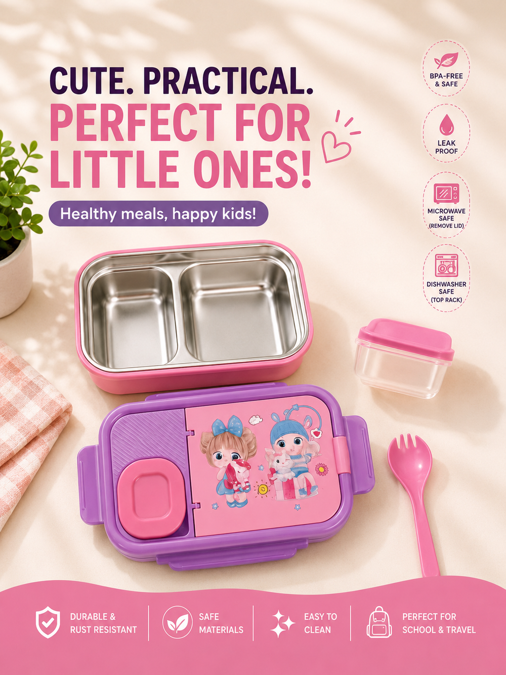 Kids Stainless Steel Lunch Box – Leak-Proof Food Container with Snack Box