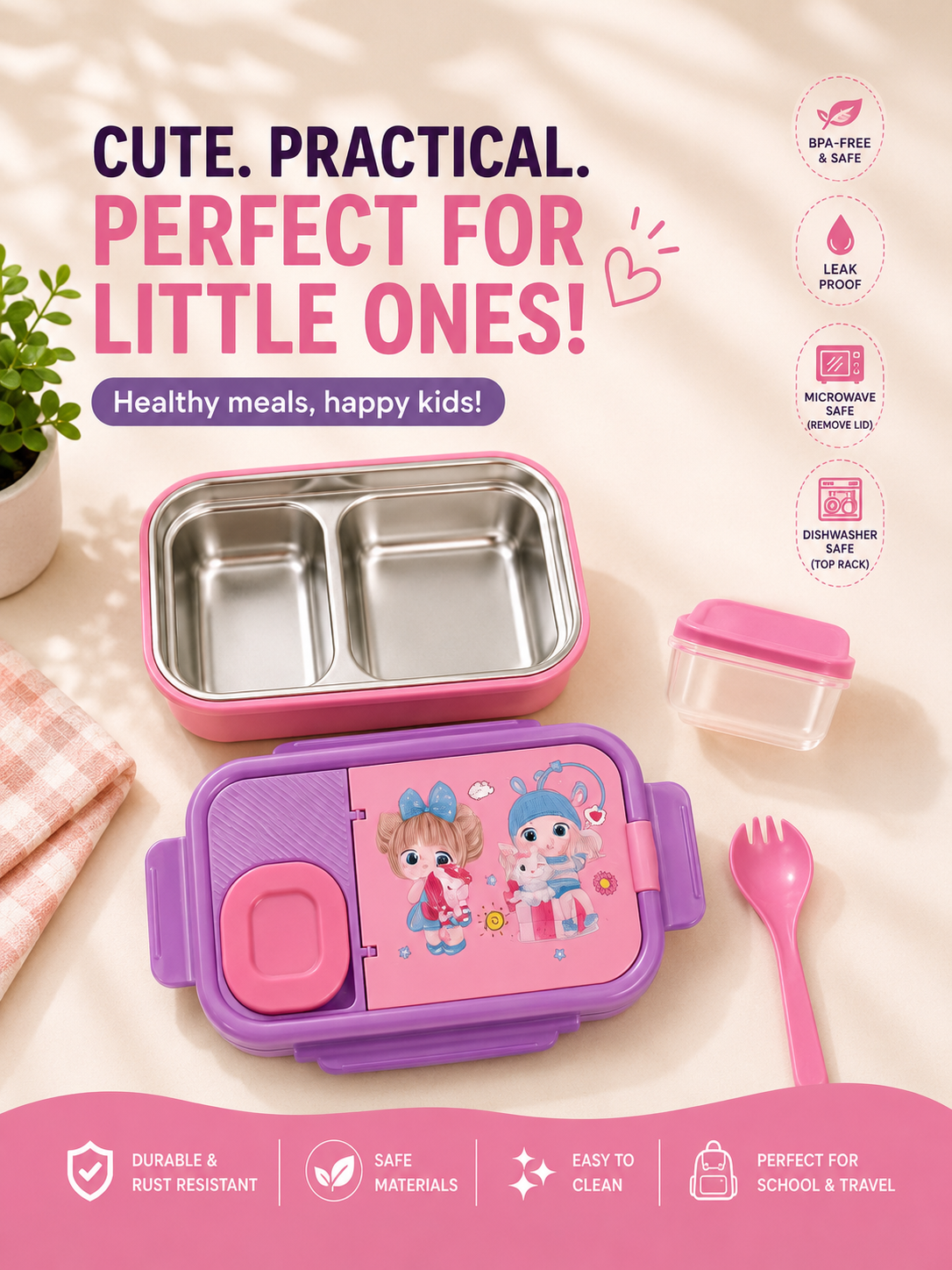 Kids Stainless Steel Lunch Box – Leak-Proof Food Container with Snack Box