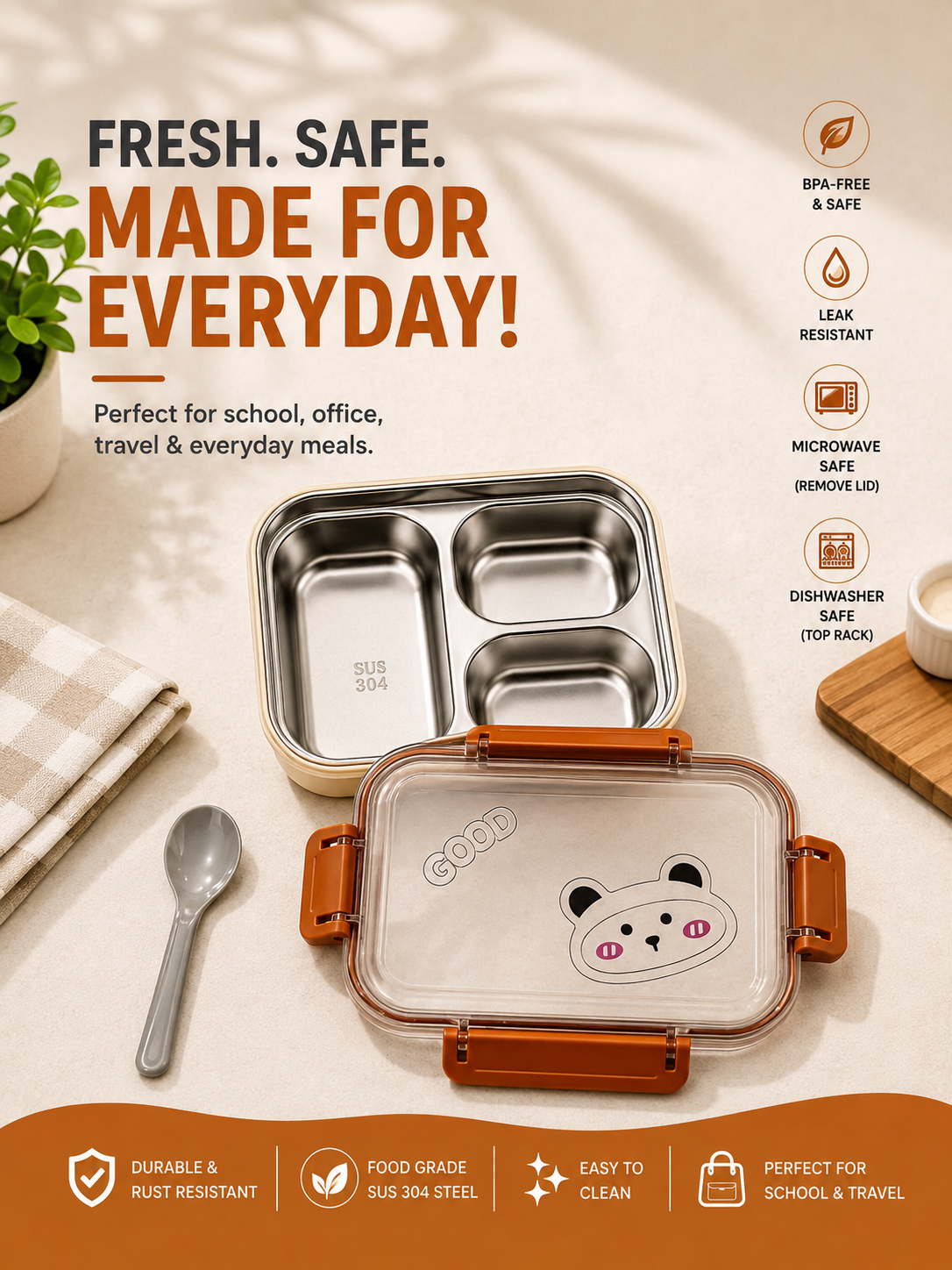 Stainless Steel 3 Compartment Lunch Box – Leak-Proof Food Container
