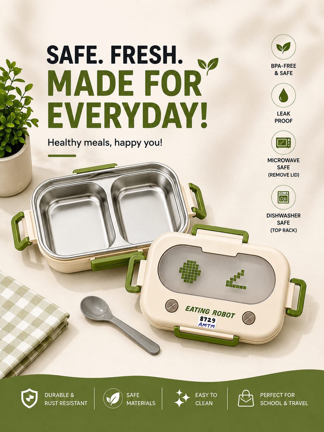 Eating Robot Stainless Steel Lunch Box – Leak-Proof Food Container
