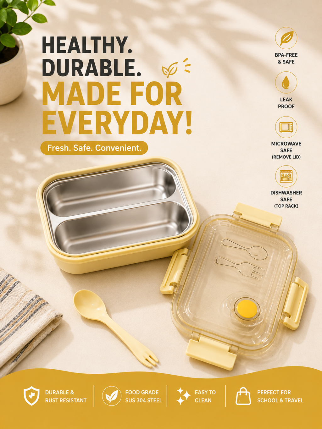 Stainless Steel Lunch Box – Leak-Proof Food Container with Spoon