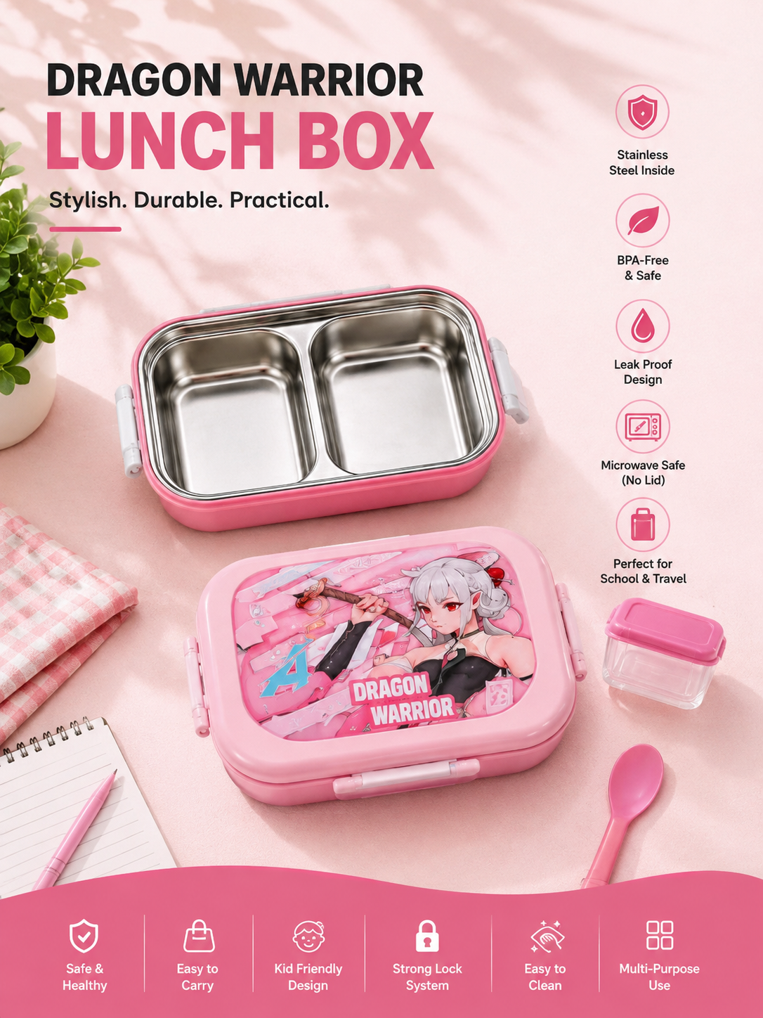 Dragon Warrior Stainless Steel Lunch Box – Leak-Proof Kids Lunch Box (700ml)