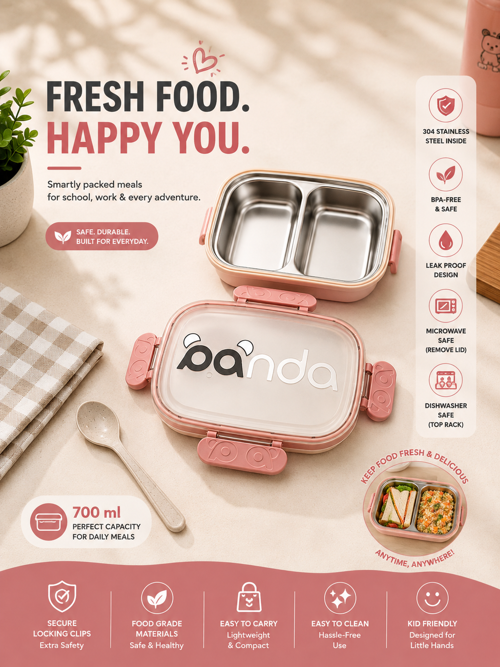 Panda Stainless Steel Lunch Box – Leak-Proof Food Container with 2 Compartments (700ml)