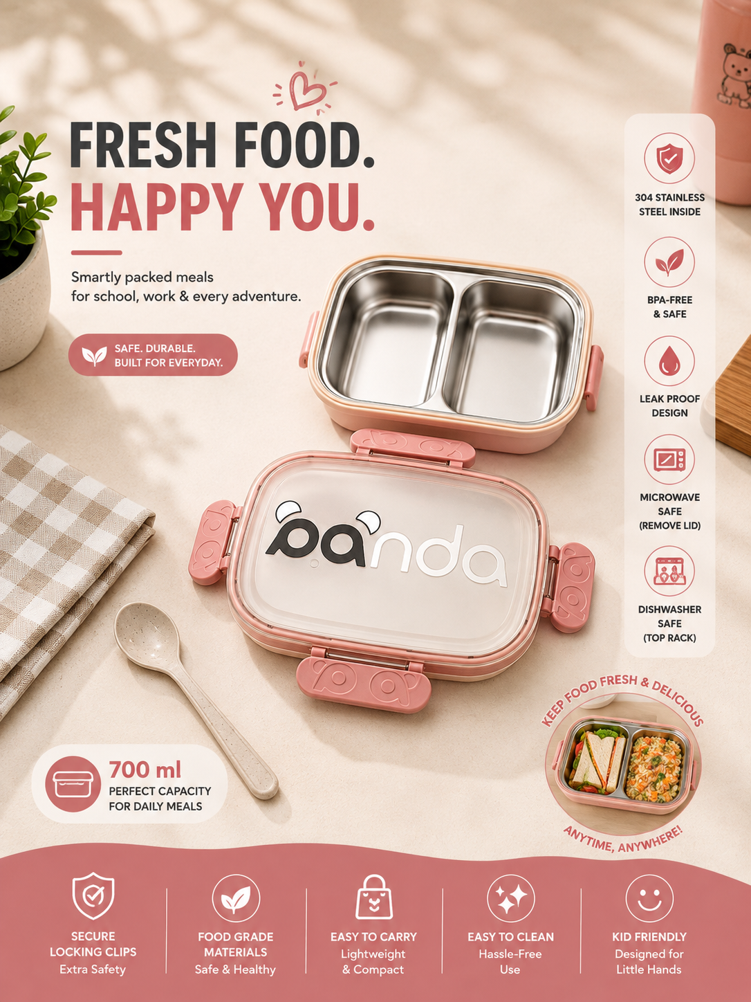 Panda Stainless Steel Lunch Box – Leak-Proof Food Container with 2 Compartments (700ml)