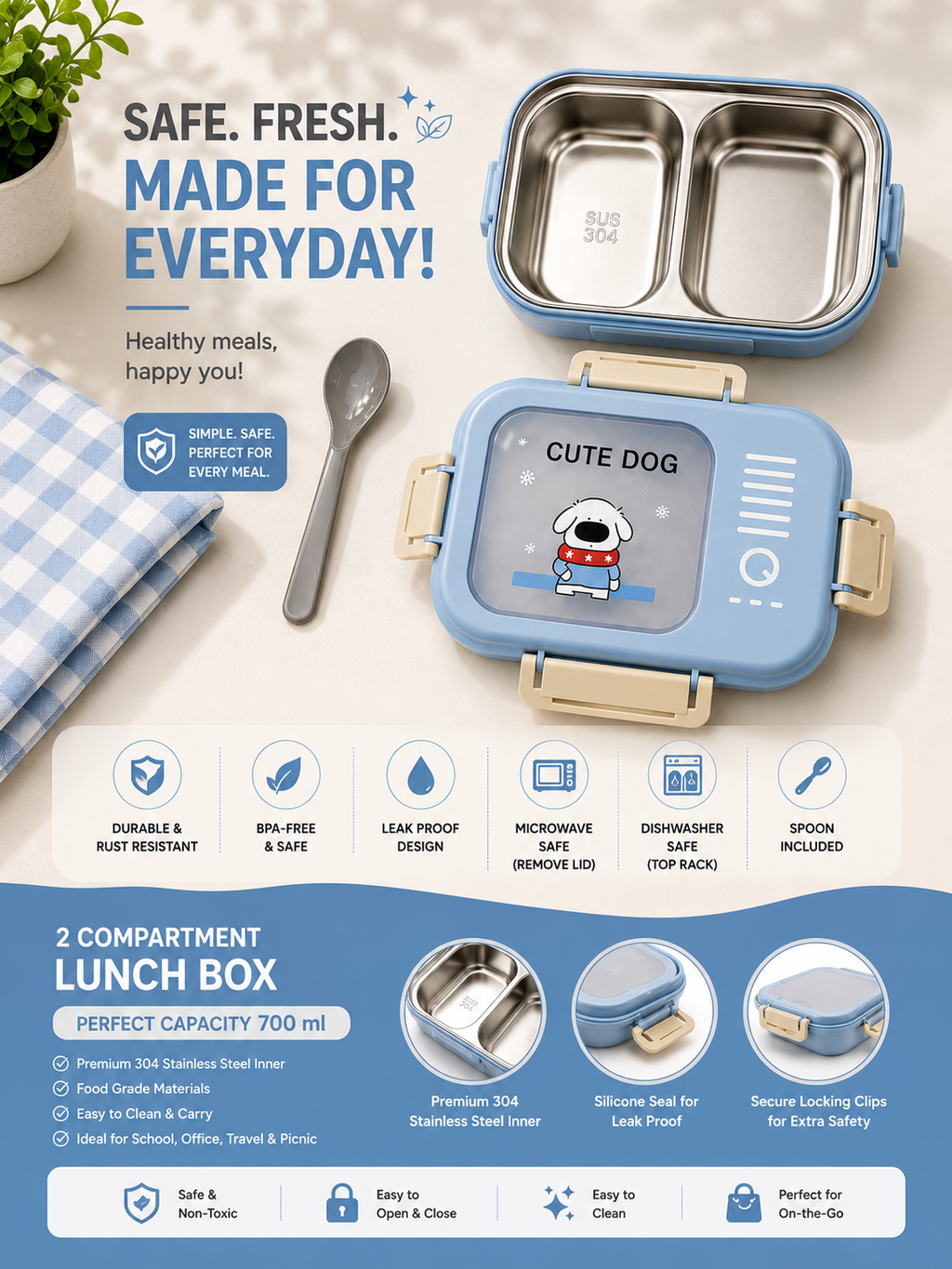 Cute Dog Stainless Steel Lunch Box – Leak-Proof 2 Compartment Food Container