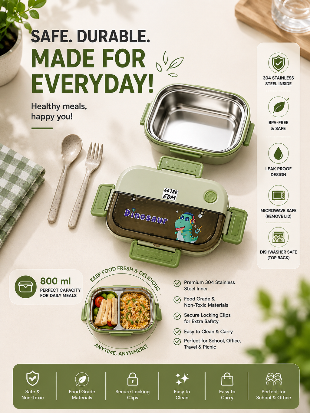 Green Kids Lunch Box with Spoon & Fork – 800ml Leak-Proof Food Container