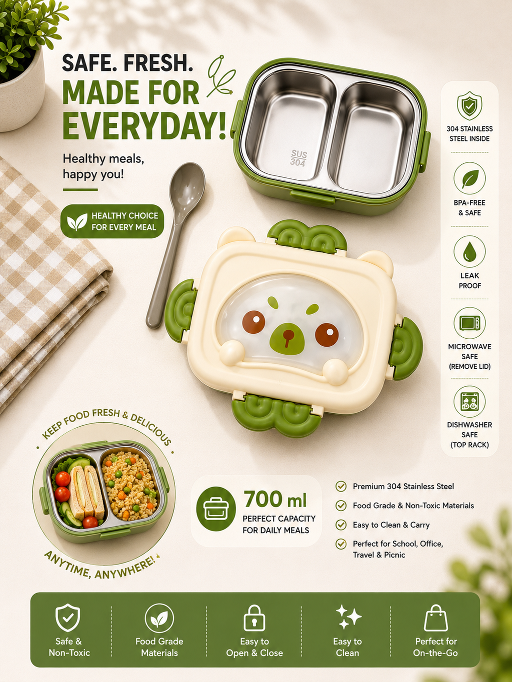 Green Bear Lunch Box (700ml), Made for Everyday – Leak-Proof Lunch Box