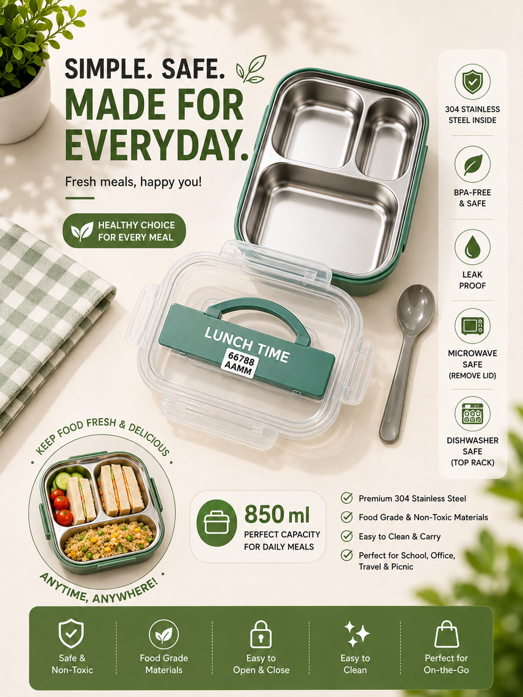 850ml Stainless Steel Lunch Box – Perfect for Balanced Meals