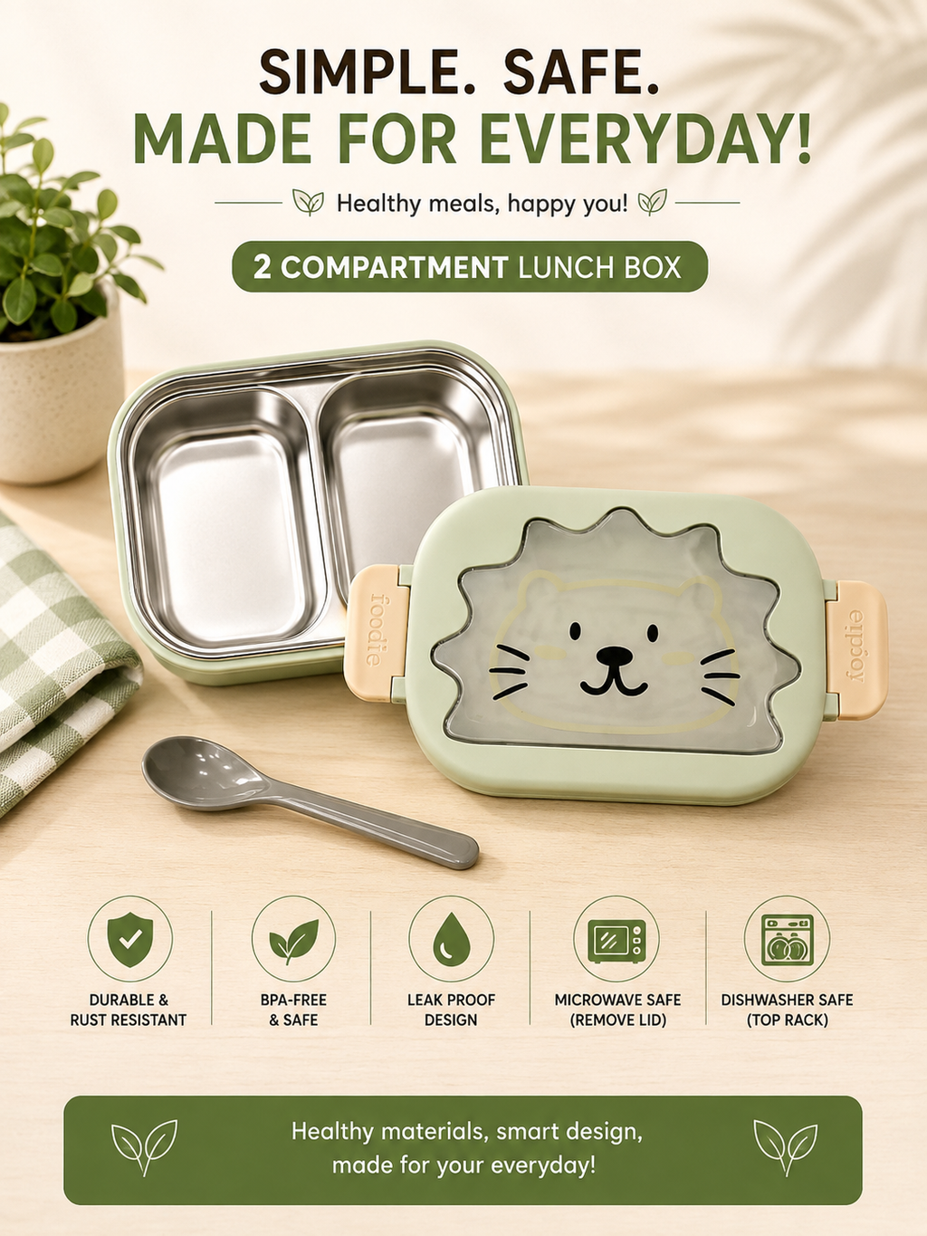 Kids Stainless Steel Lunch Box with Cute Cat Lid | Leak-Proof BPA-Free Food Container