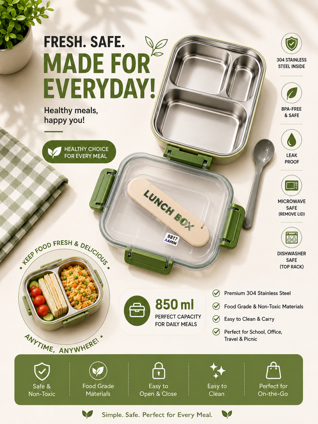3 Compartment Stainless Steel Lunch Box | Leak-Proof BPA-Free Food Container