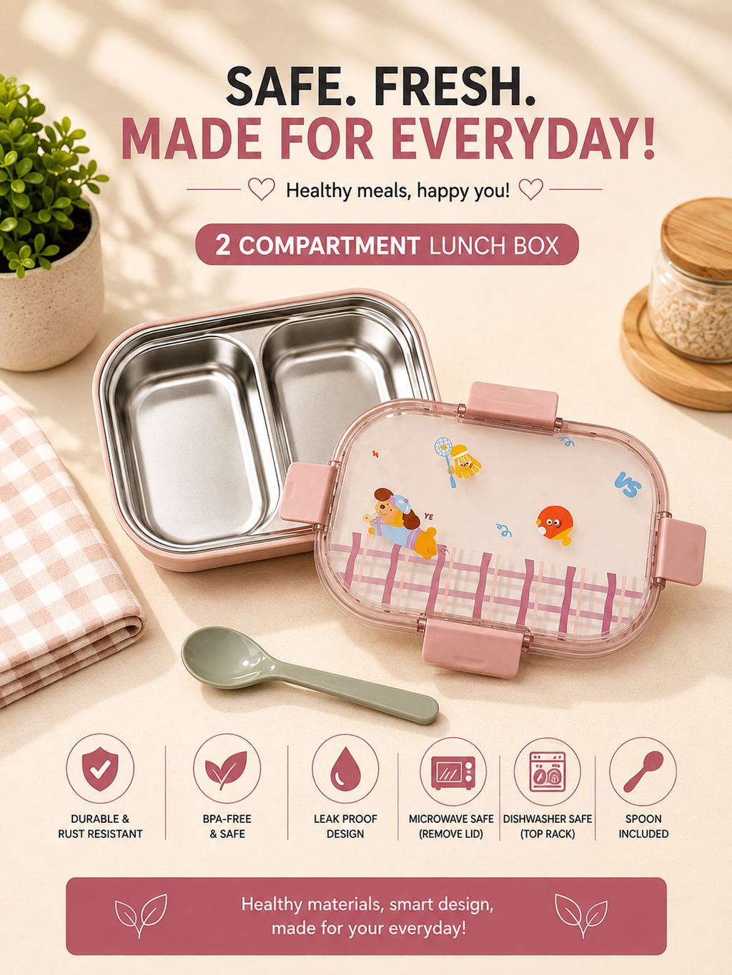 Pink 2 Compartment Stainless Steel Lunch Box | Leak-Proof BPA-Free Food Container