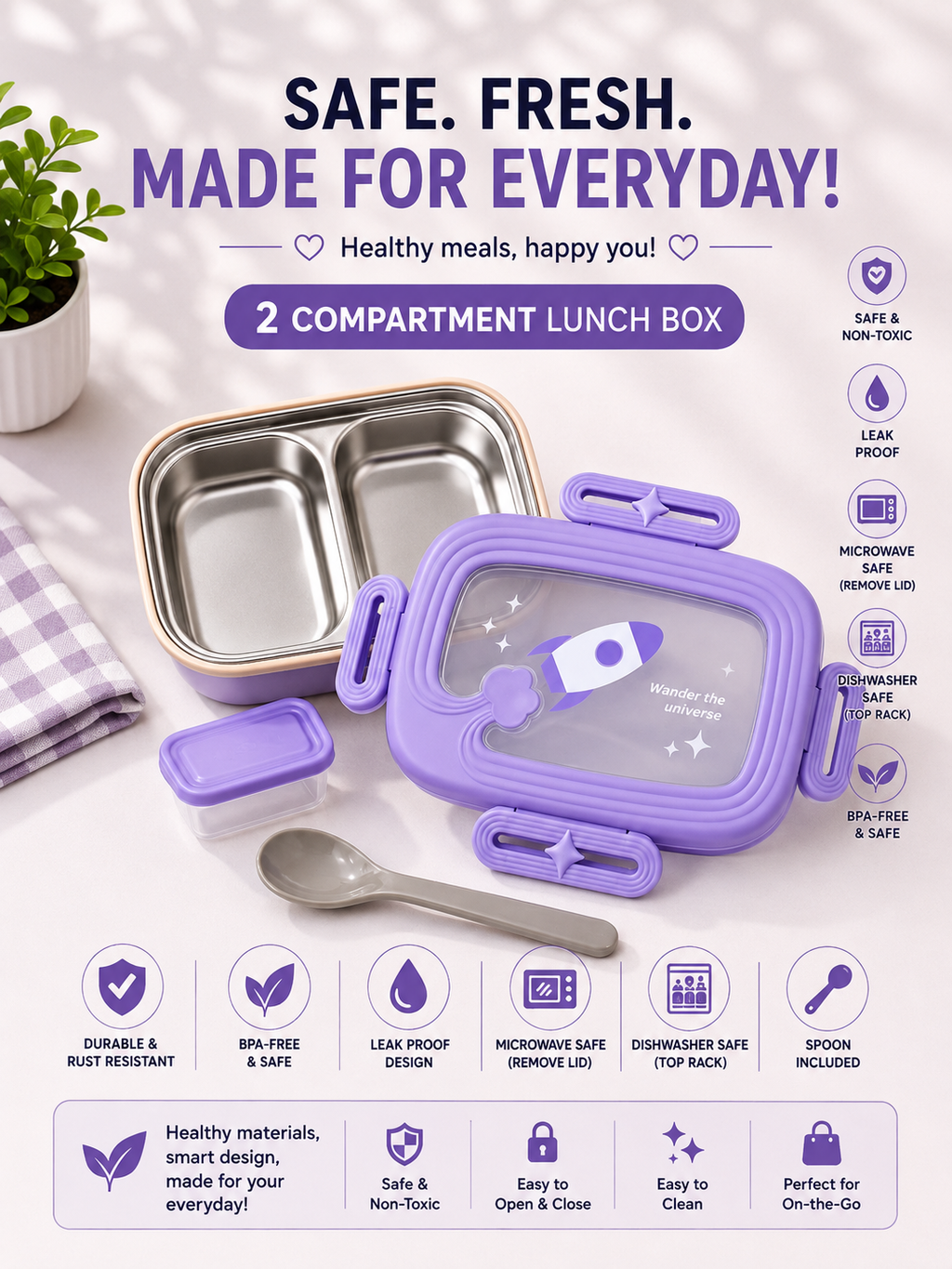 Safe. Fresh. Made for Everyday – 2 Compartment Stainless Steel Lunch Box