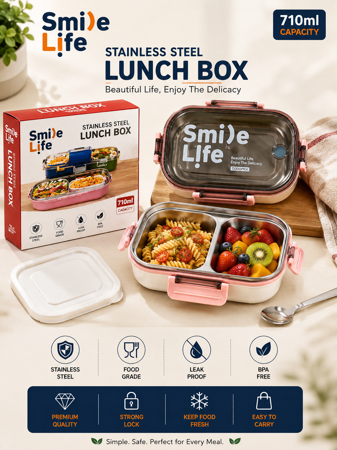 Stainless Steel Lunch Box with 2 Compartments | Leak-Proof BPA-Free Food Container