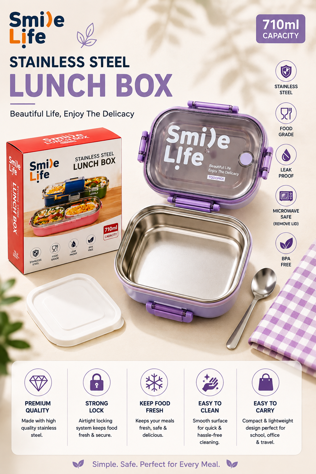 Stainless Steel Lunch Box with 710ml capacity single compartment | Leak-Proof BPA-Free Food Container