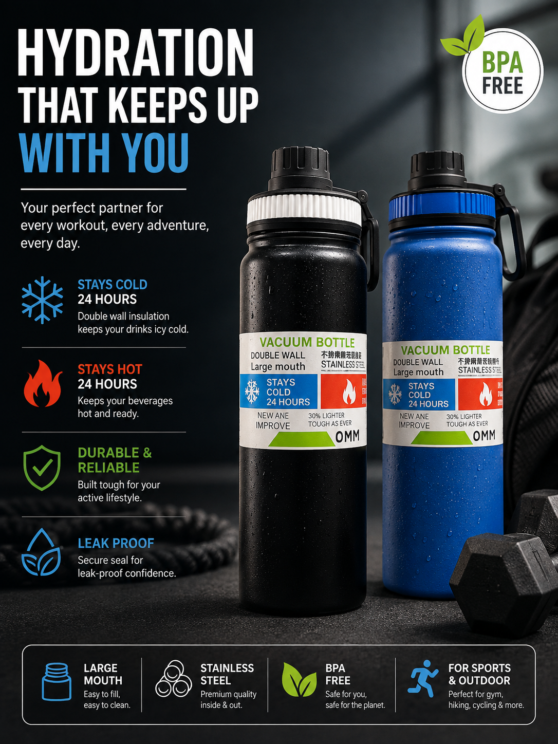 Large Mouth Vacuum Insulated Stainless Steel Water Bottle – 24 Hour Hot & Cold
