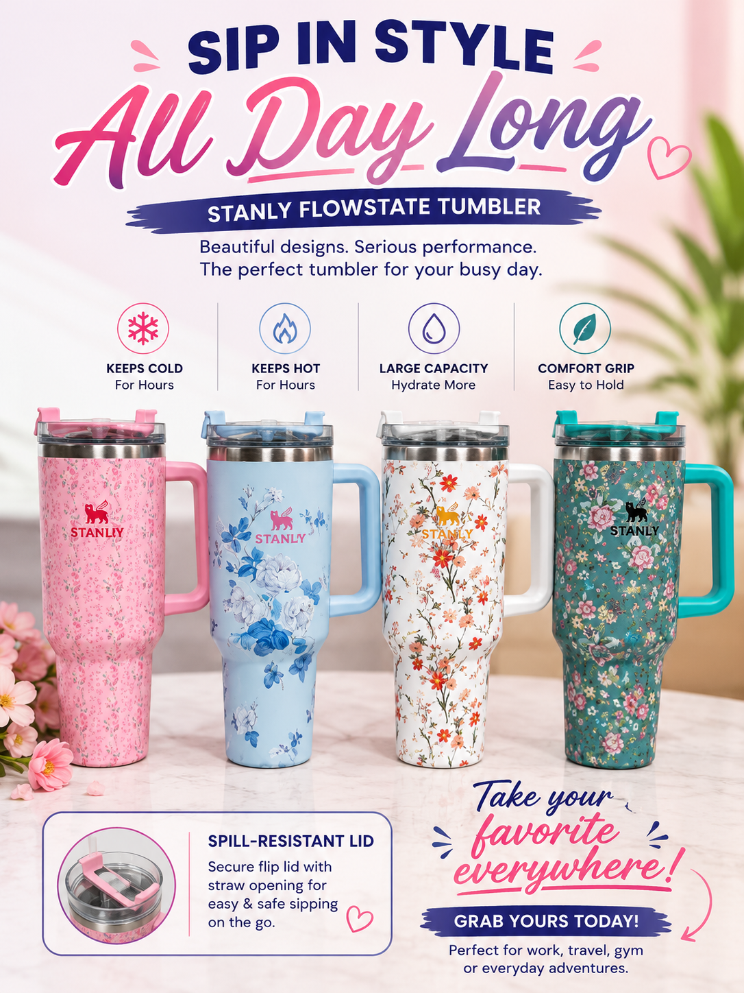 Stanley Floral FlowState Tumbler 1200 ml | Insulated Stainless Steel Travel Mug with Handle | BPA-Free