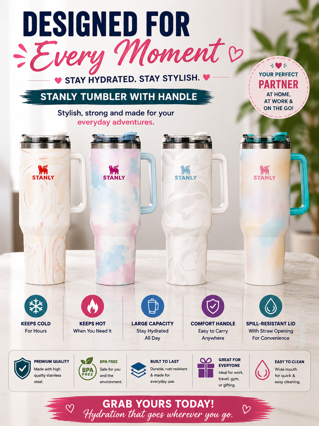 Stanley Marble Finish Tumbler with Handle | 1200 ml Insulated Travel Cup | BPA-Free Straw Mug