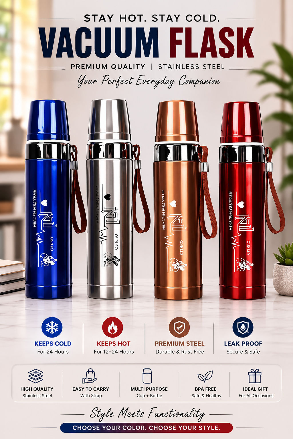 Premium Stainless Steel Vacuum Flask 750 ml  | Double-Wall Insulated Thermos Bottle | Hot & Cold Water Bottle