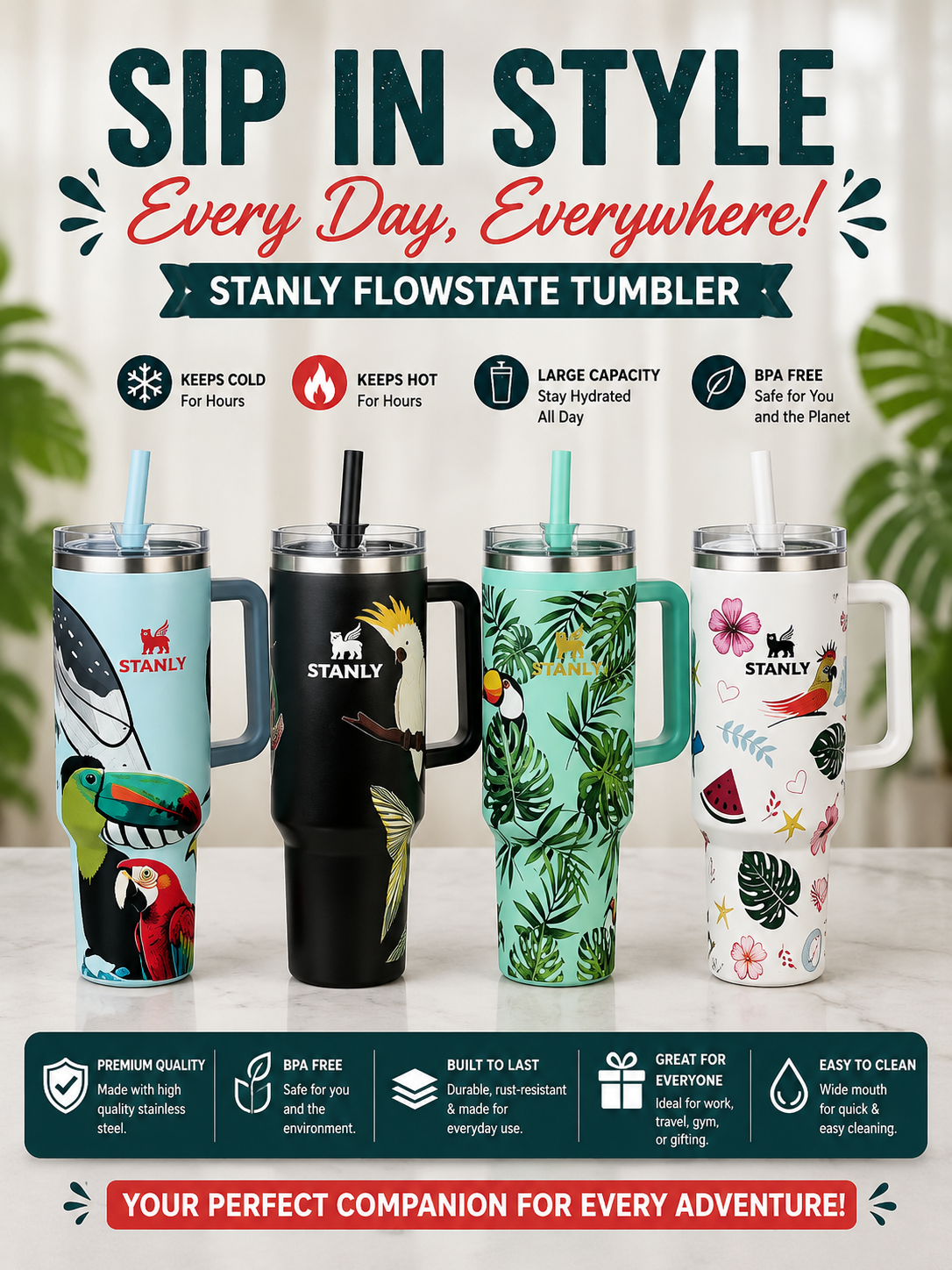 Stanley FlowState Stainless Steel Tumbler with Handle | 1200 ml Insulated Travel Mug | BPA-Free | Leak-Resistant Straw Lid