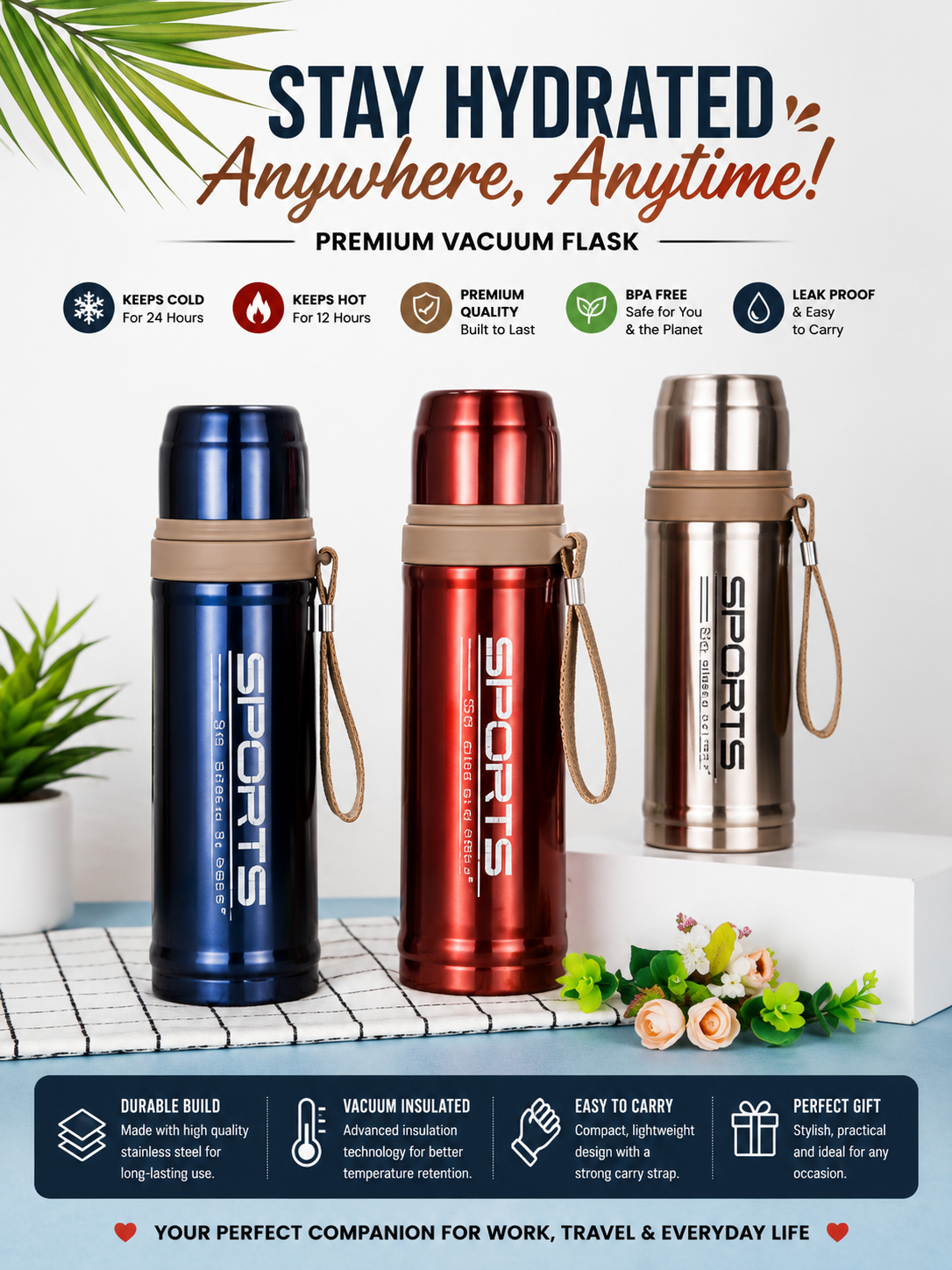 Sports Stainless Steel Vacuum Insulated Water Bottle with Carry Strap 750ml