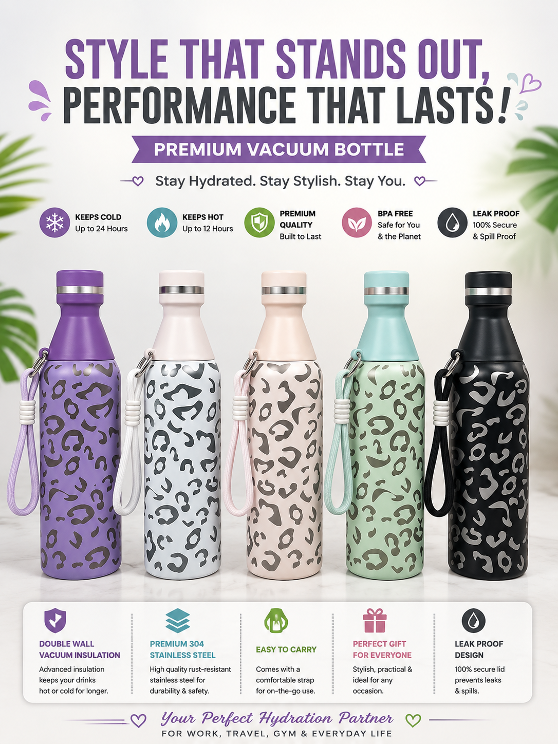 Leopard Print Premium Vacuum Insulated Stainless Steel Water Bottle
