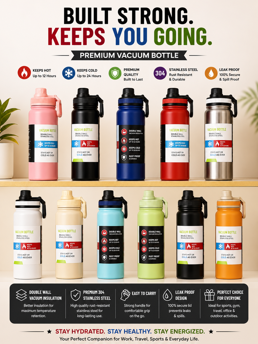 Premium Vacuum Insulated Stainless Steel Water Bottle with Carry Handle