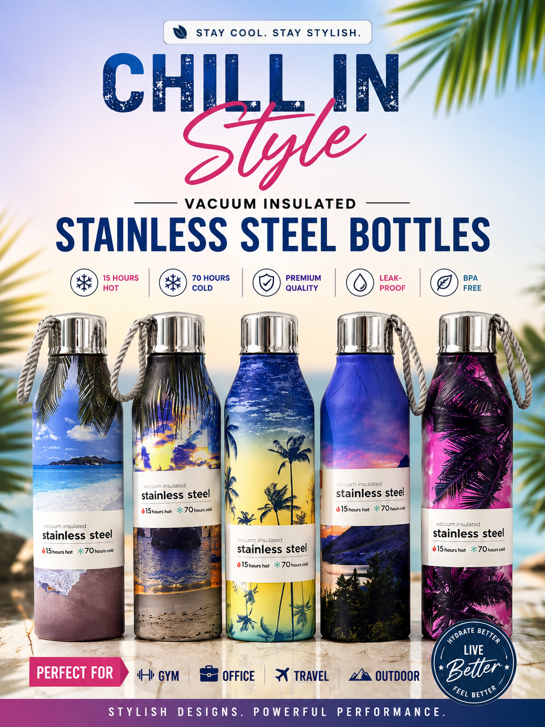 Tropical Beach Design Vacuum Insulated Stainless Steel Water Bottle