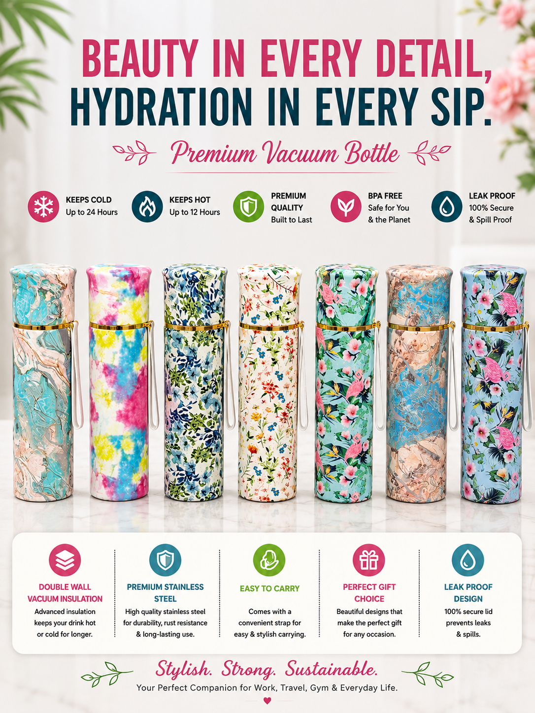 Floral Printed Premium Vacuum Insulated Stainless Steel Water Bottle