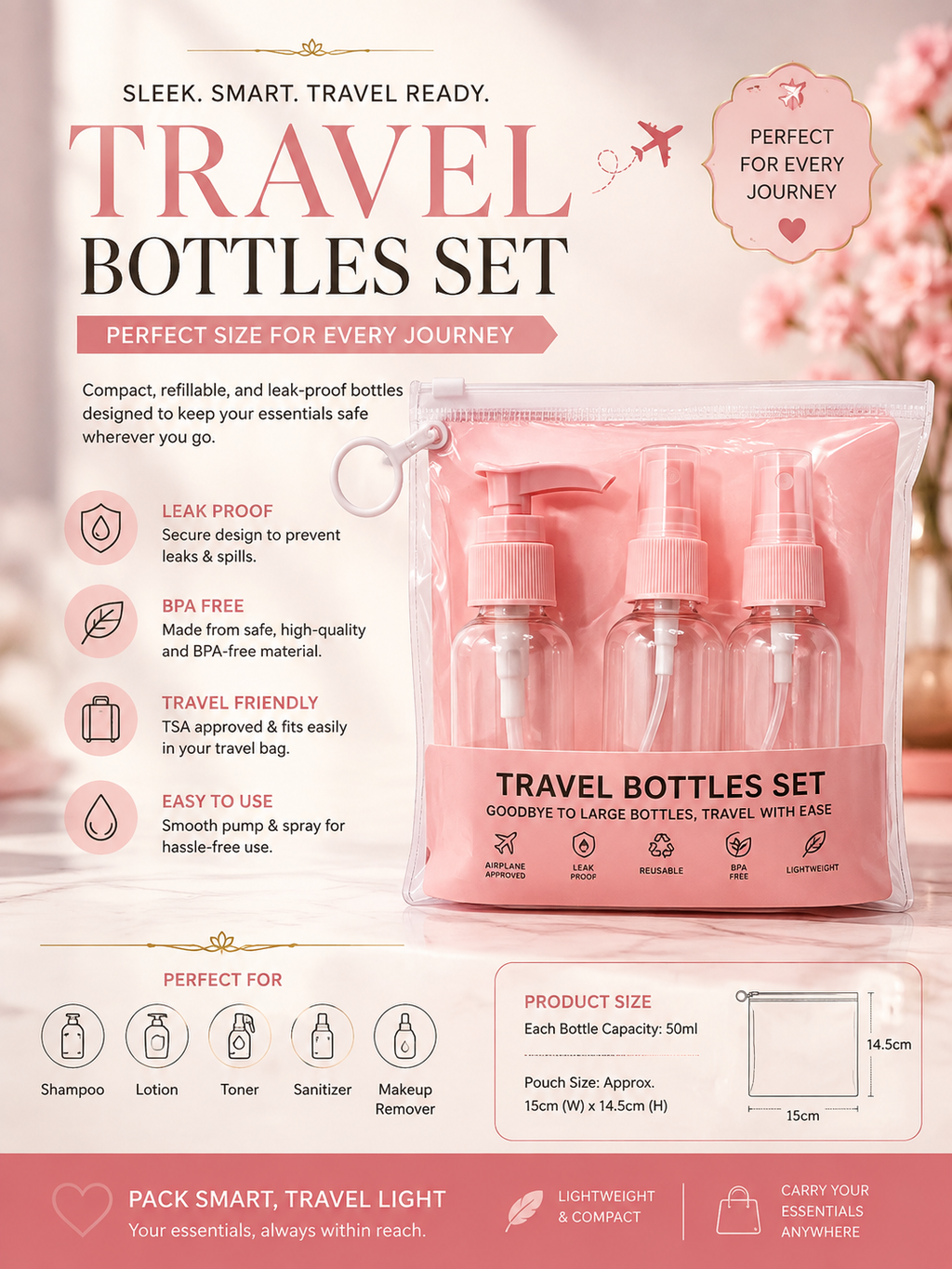 4-Piece Travel Bottles Set – Leak-Proof Refillable Containers