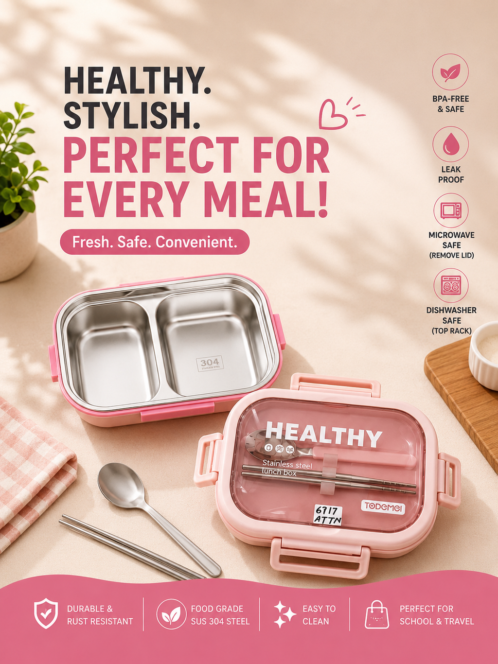 Stainless Steel Lunch Box with Cutlery – Leak-Proof Food Container