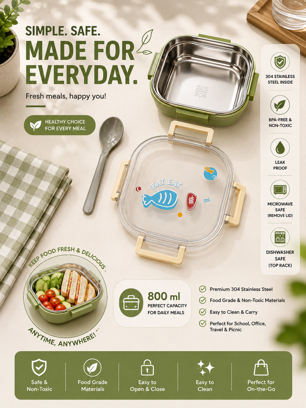 Green Square Lunch Box (800ml) , Stainless Steel Lunch Box – Fresh Meals Anytime, Anywhere