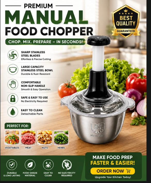 Manual Food Chopper with Stainless Steel Bowl – Multi-Function Kitchen Vegetable Chopper