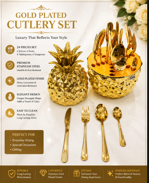 Luxury Gold Plated Pineapple Cutlery Set – 24 Pieces