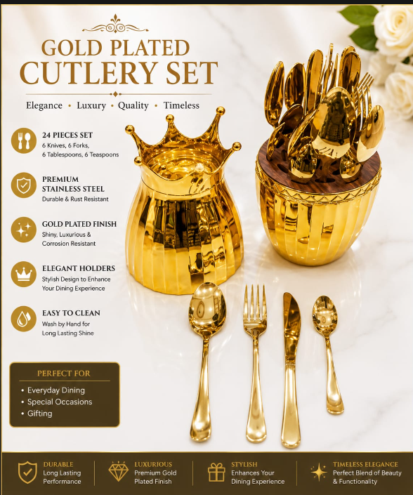 Royal Gold Plated Crown Cutlery Set – 24 Piece Luxury Set