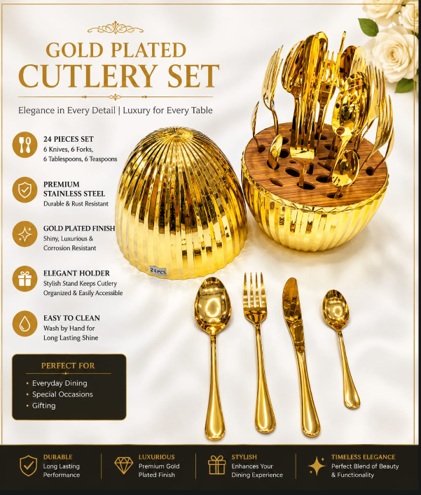 Elegant Gold Plated Egg-Shaped Cutlery Set – 24 Pieces