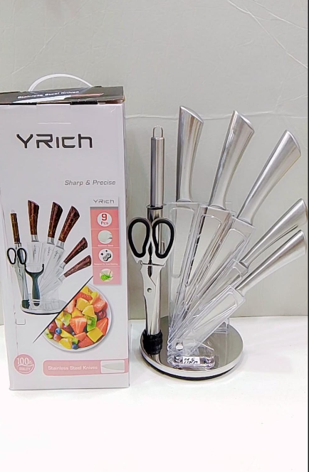 YRICH 9-Piece Stainless Steel Kitchen Knife Set with Rotatable Stand