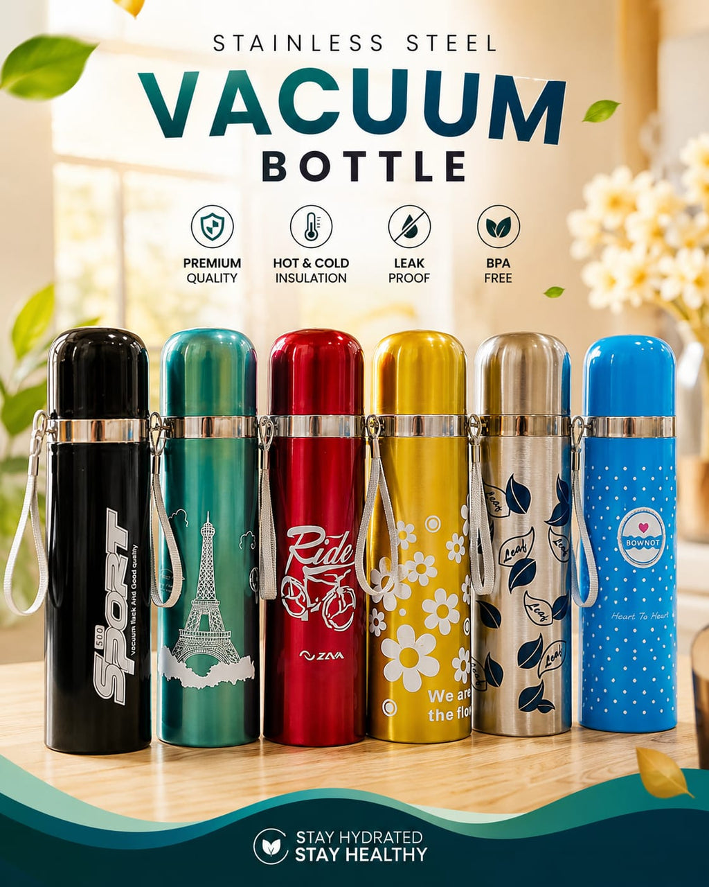 Premium Stainless Steel Vacuum Insulated Bottle | Hot & Cold Thermos | Leak Proof | BPA Free