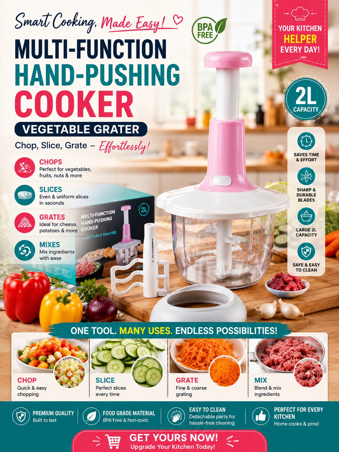 2L Manual Vegetable Chopper – Multi-Function Food Processor with Stainless Steel Blades