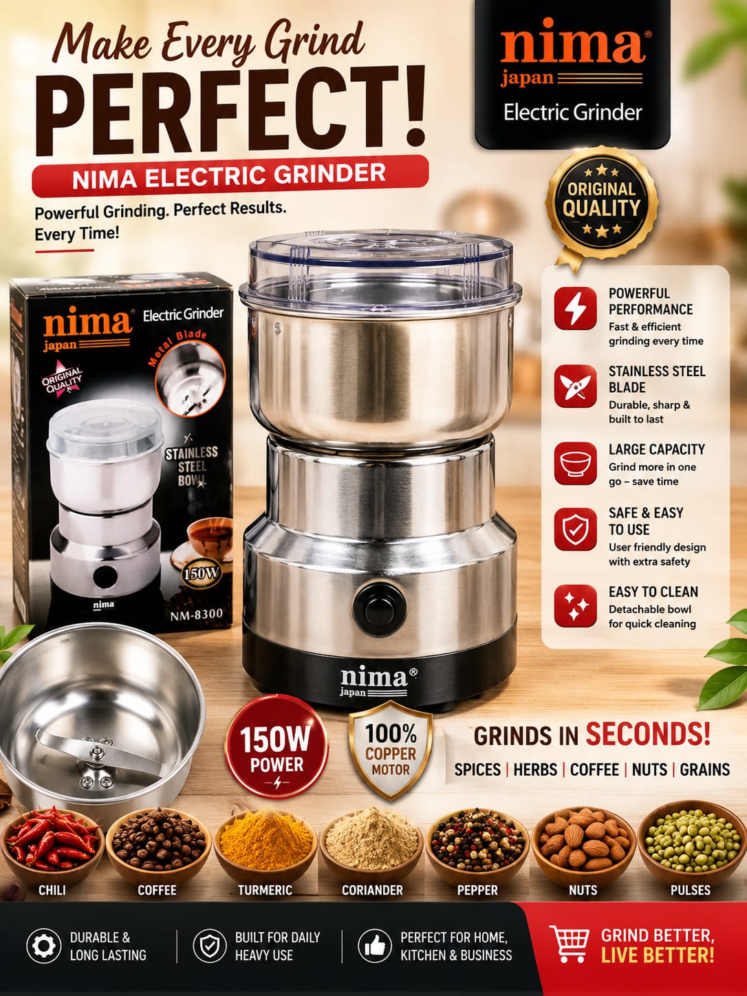 Nima Japan Electric Grinder 150W – Stainless Steel Spice, Coffee & Dry Food Grinder