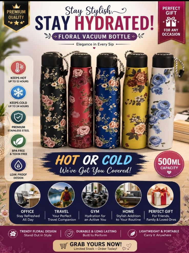 500ml Floral Vacuum Insulated Water Bottle – Stainless Steel Hot & Cold Thermos Flask